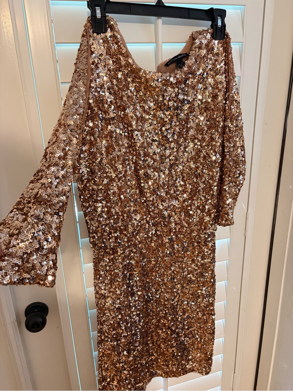 Boston Proper One-Shoulder Sequin Dress in Rose Gold Tone